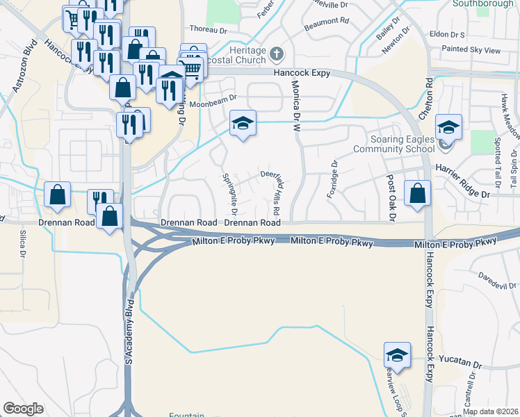 map of restaurants, bars, coffee shops, grocery stores, and more near 4230 Drennan Road in Colorado Springs