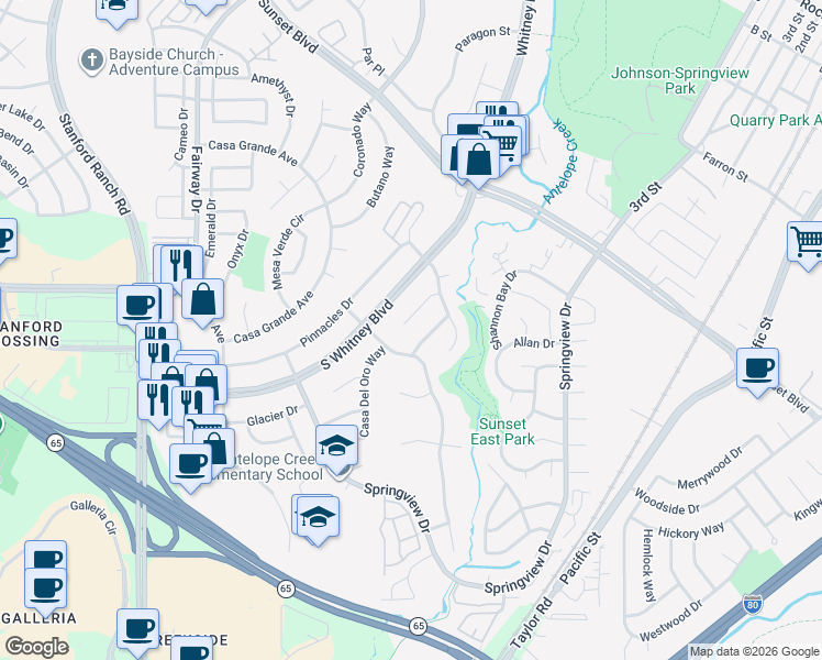 map of restaurants, bars, coffee shops, grocery stores, and more near 2640 Angeles Court in Rocklin