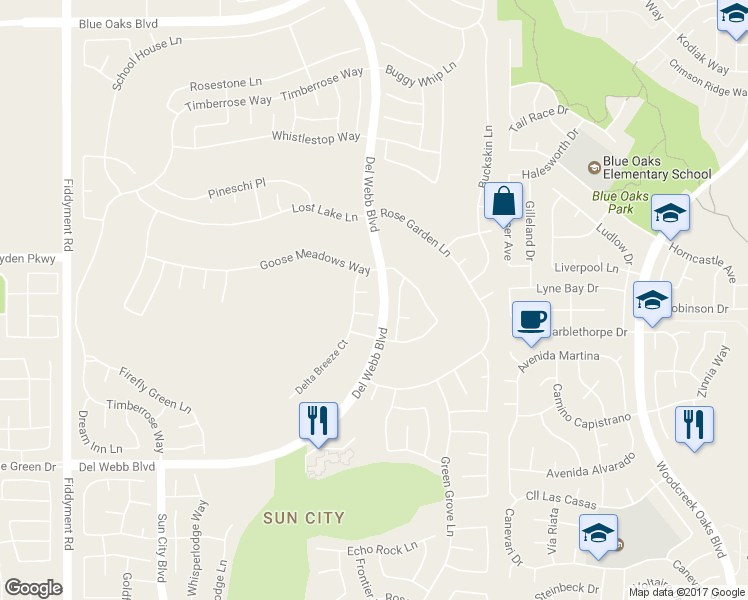 map of restaurants, bars, coffee shops, grocery stores, and more near 424 Roan Court in Roseville