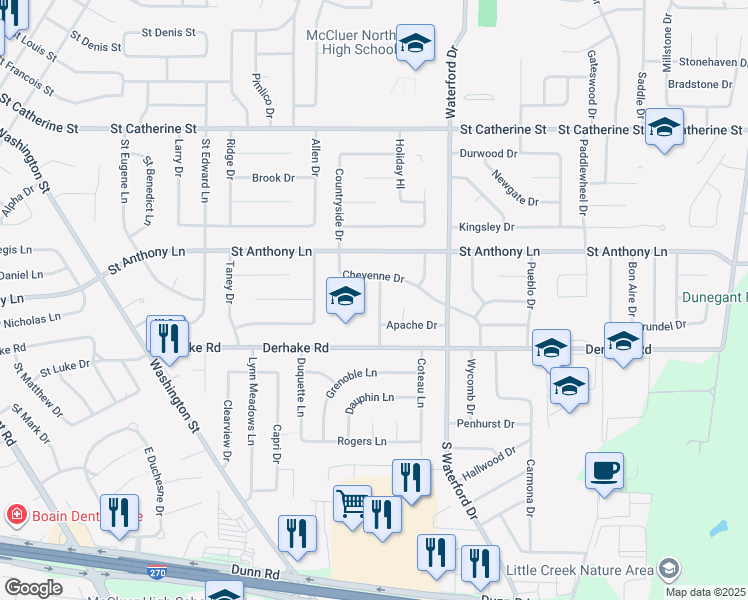 map of restaurants, bars, coffee shops, grocery stores, and more near 135 Shawnee Lane in Florissant
