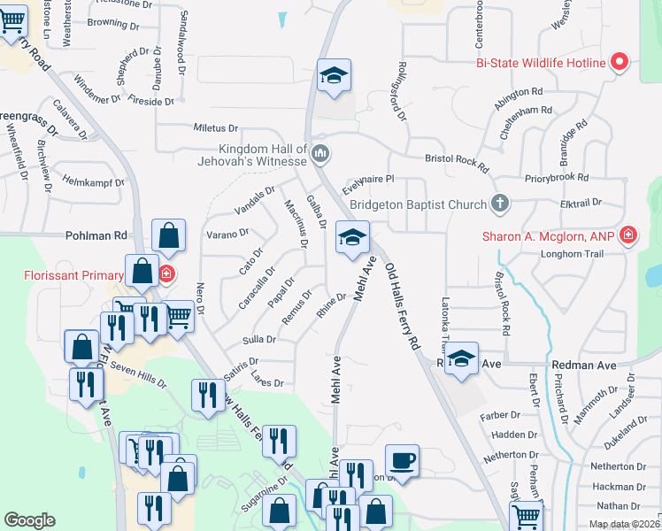 map of restaurants, bars, coffee shops, grocery stores, and more near 11558 Galba Drive in Florissant