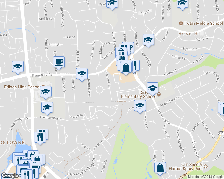 map of restaurants, bars, coffee shops, grocery stores, and more near 6211 Guilford Drive in Alexandria