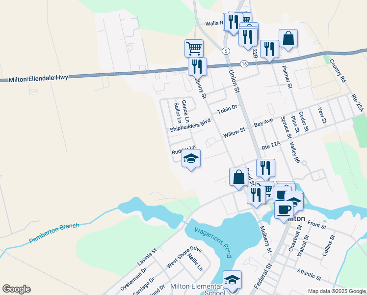 map of restaurants, bars, coffee shops, grocery stores, and more near 424 Rudder Lane in Milton