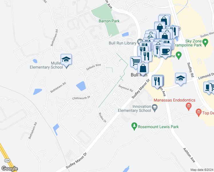 map of restaurants, bars, coffee shops, grocery stores, and more near 11000 Kinship Court in Manassas