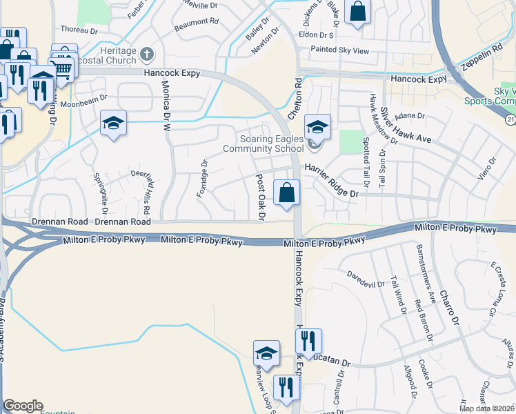 map of restaurants, bars, coffee shops, grocery stores, and more near 3420 Galleria Terrace in Colorado Springs