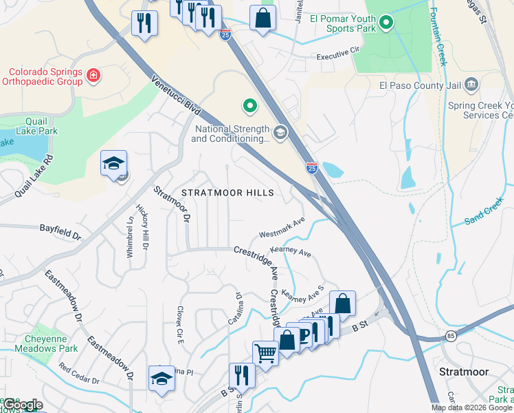 map of restaurants, bars, coffee shops, grocery stores, and more near 419 Chamberlin Place in Colorado Springs