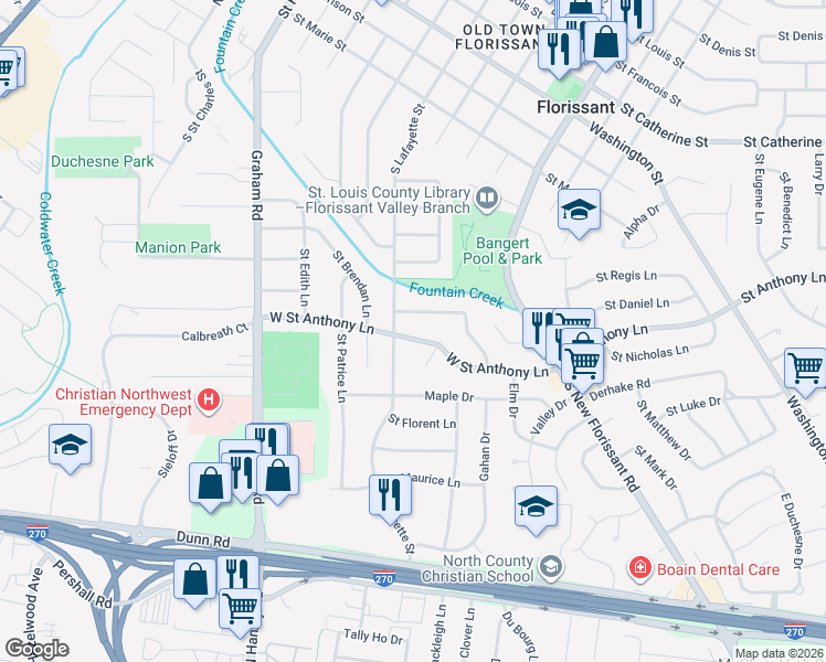 map of restaurants, bars, coffee shops, grocery stores, and more near 195 West Saint Anthony Lane in Florissant