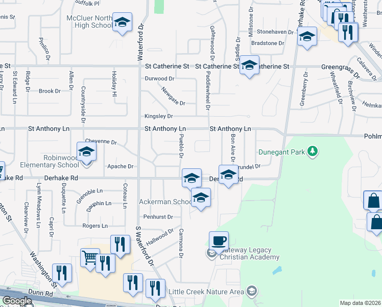 map of restaurants, bars, coffee shops, grocery stores, and more near 1538 Saddlegate Court in Florissant
