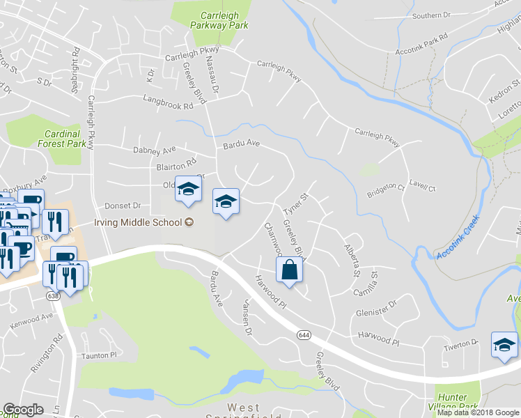 map of restaurants, bars, coffee shops, grocery stores, and more near 6214 Greeley Boulevard in West Springfield