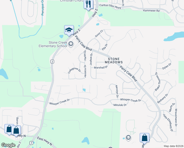map of restaurants, bars, coffee shops, grocery stores, and more near 5030 Joshua Drive in Wentzville