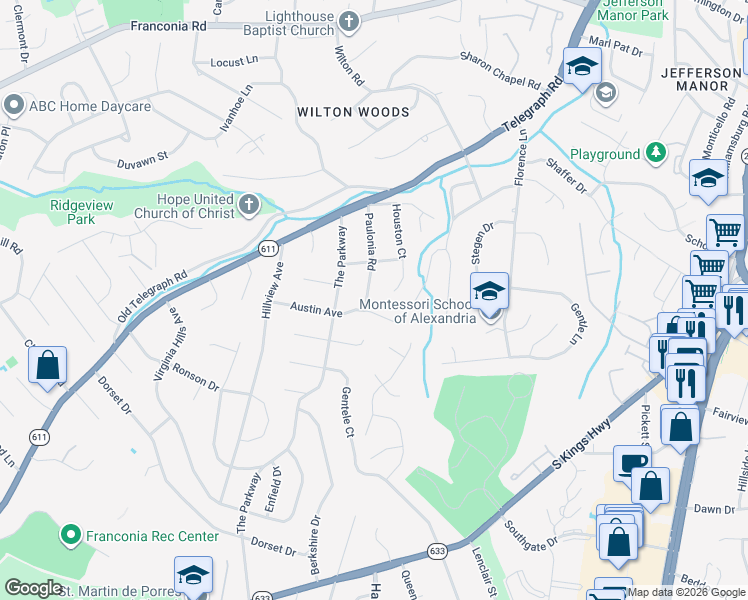 map of restaurants, bars, coffee shops, grocery stores, and more near 6211 Paulonia Road in Alexandria