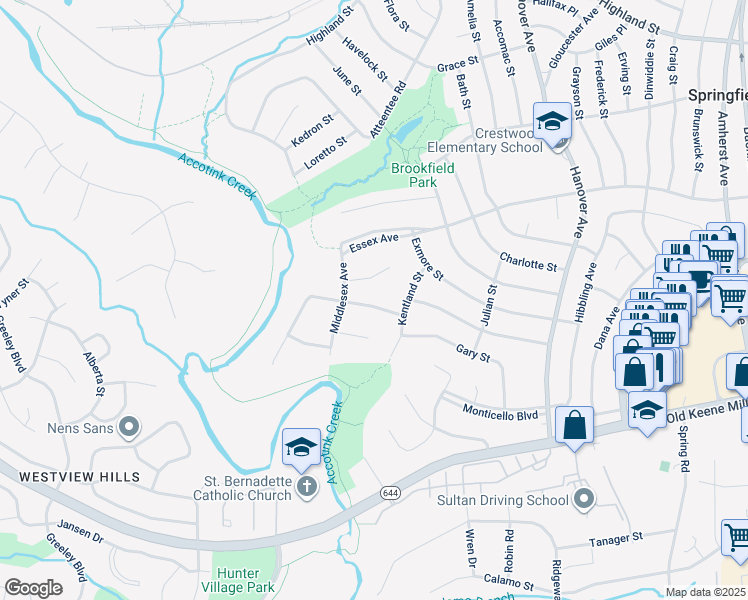 map of restaurants, bars, coffee shops, grocery stores, and more near 7507 Mendota Place in Springfield
