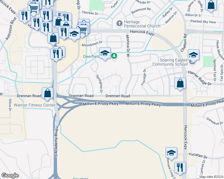 map of restaurants, bars, coffee shops, grocery stores, and more near 4230 Drennan Road in Colorado Springs
