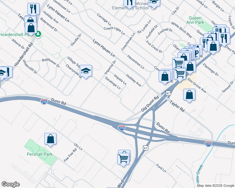 map of restaurants, bars, coffee shops, grocery stores, and more near 503 Village Square Drive in Hazelwood