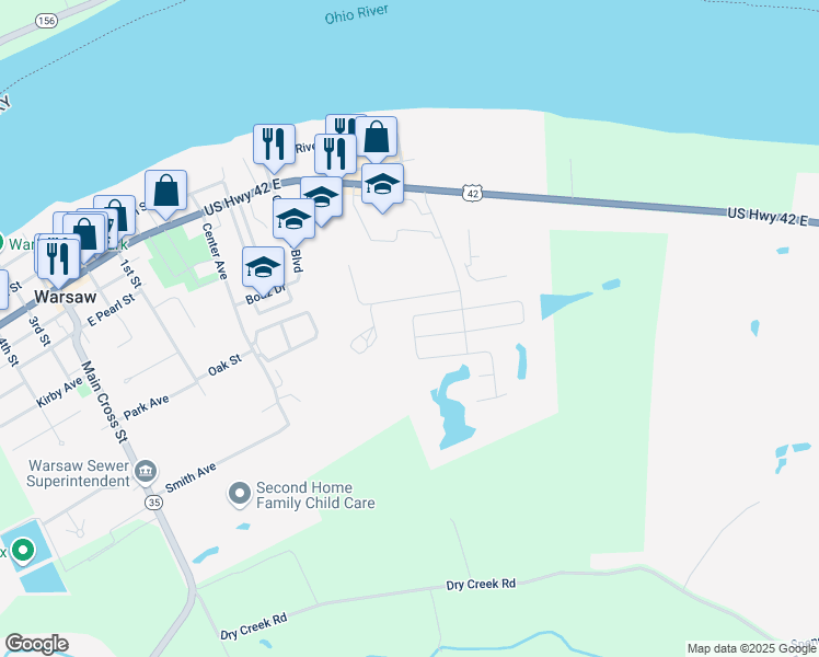 map of restaurants, bars, coffee shops, grocery stores, and more near 145 Sycamore Circle in Warsaw