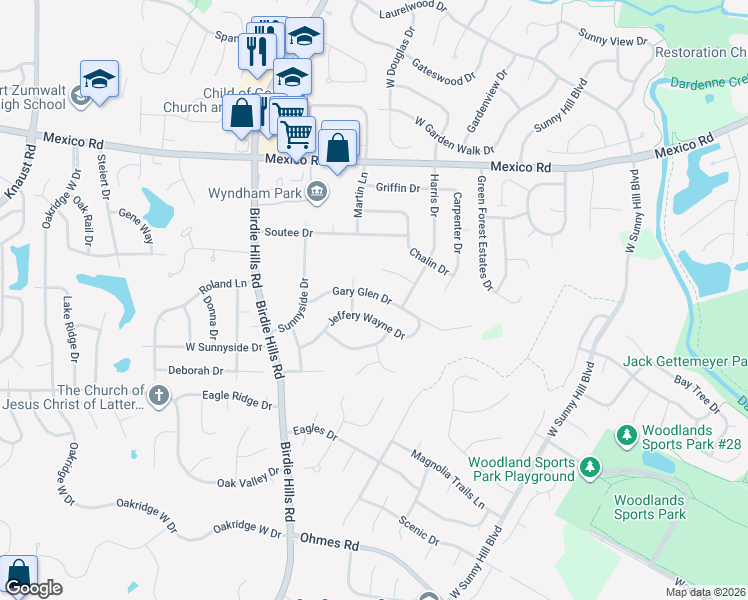 map of restaurants, bars, coffee shops, grocery stores, and more near 26 Gary Glen Drive in St. Peters