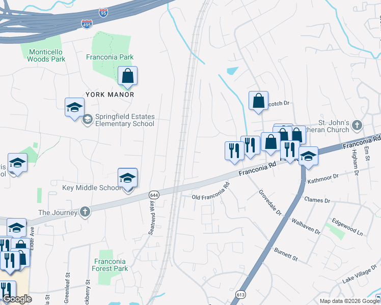 map of restaurants, bars, coffee shops, grocery stores, and more near 6147 Franconia Station Lane in Alexandria