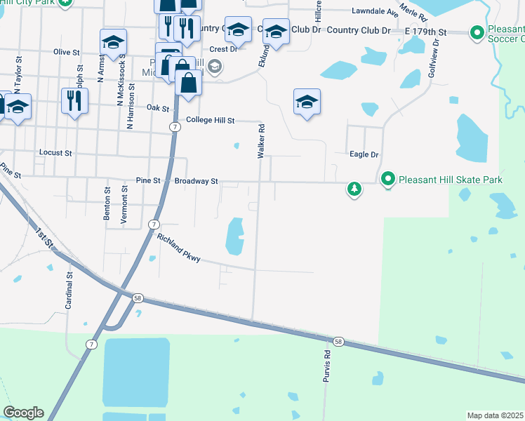 map of restaurants, bars, coffee shops, grocery stores, and more near 408 Walker Road in Pleasant Hill
