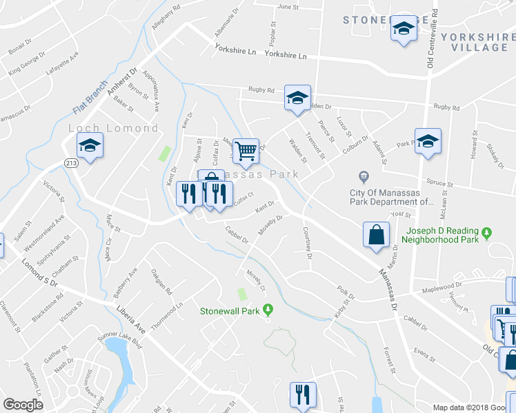 map of restaurants, bars, coffee shops, grocery stores, and more near 242 Kent Drive in Manassas Park
