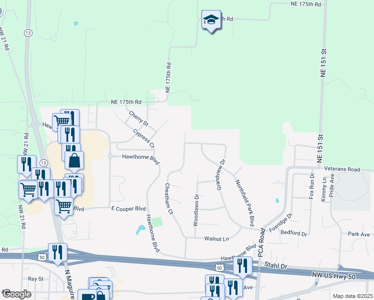 map of restaurants, bars, coffee shops, grocery stores, and more near 1230 Cheatham Court in Warrensburg