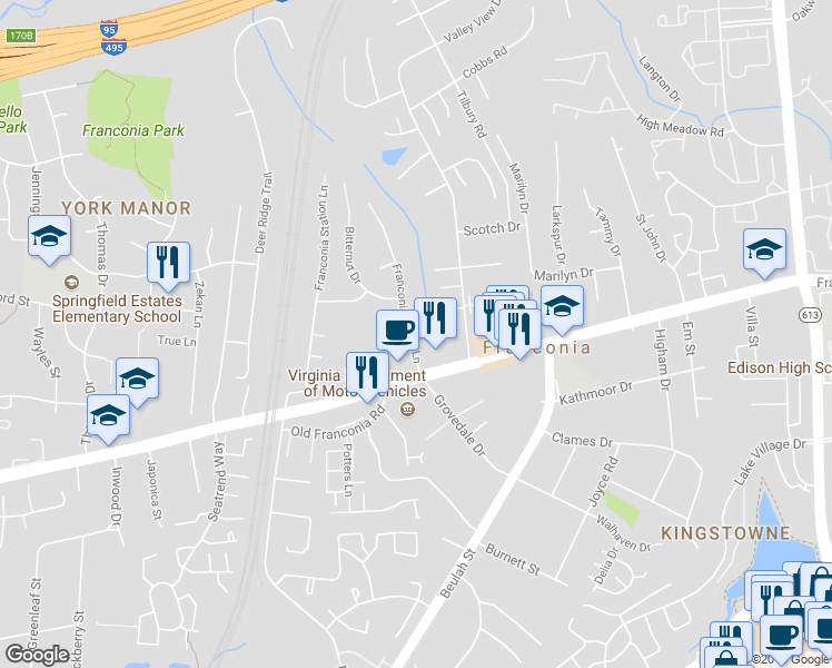 map of restaurants, bars, coffee shops, grocery stores, and more near 6209 Franconia Forest Lane in Alexandria