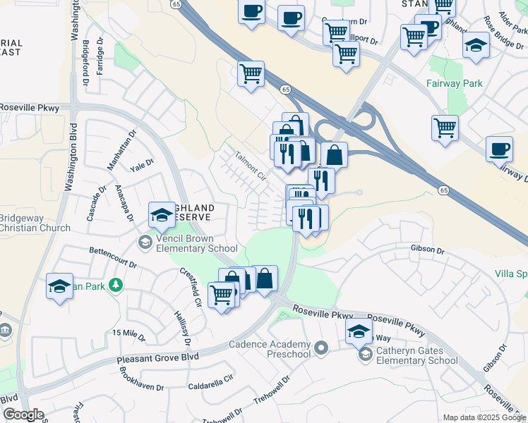 map of restaurants, bars, coffee shops, grocery stores, and more near 73 Chambord Way in Roseville