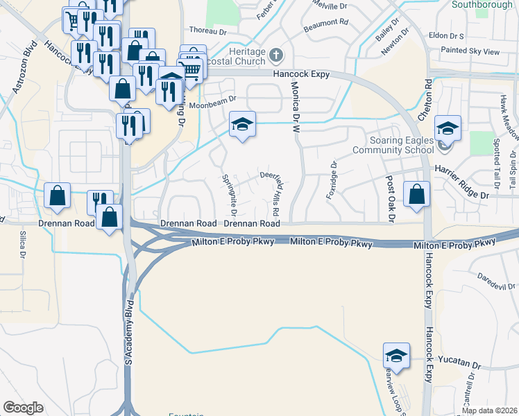 map of restaurants, bars, coffee shops, grocery stores, and more near 4230 Drennan Road in Colorado Springs
