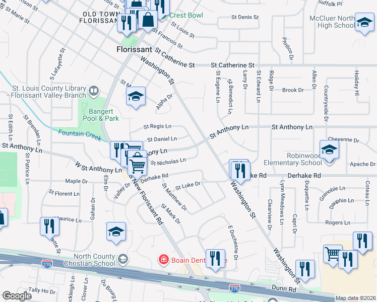 map of restaurants, bars, coffee shops, grocery stores, and more near 250 Saint Anthony Lane in Florissant