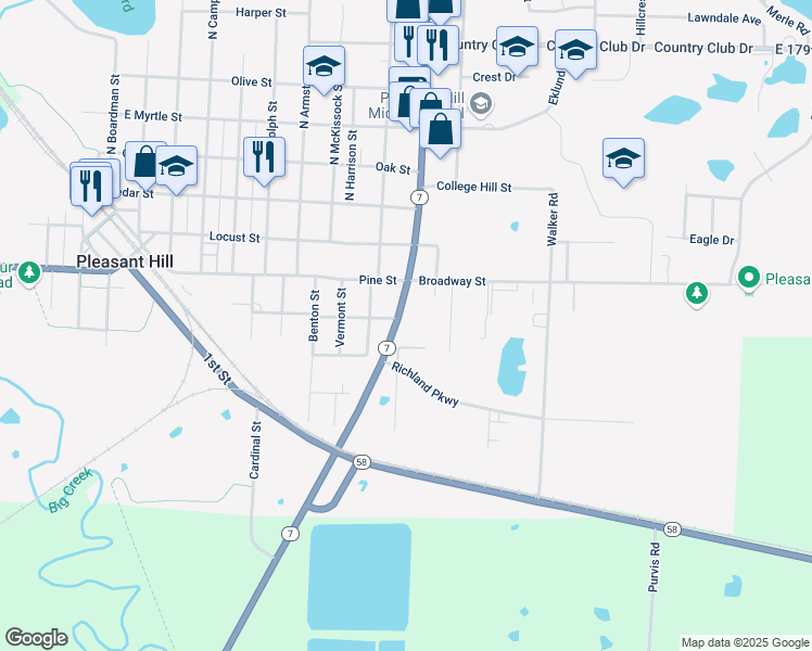 map of restaurants, bars, coffee shops, grocery stores, and more near 400 Missouri 7 in Pleasant Hill