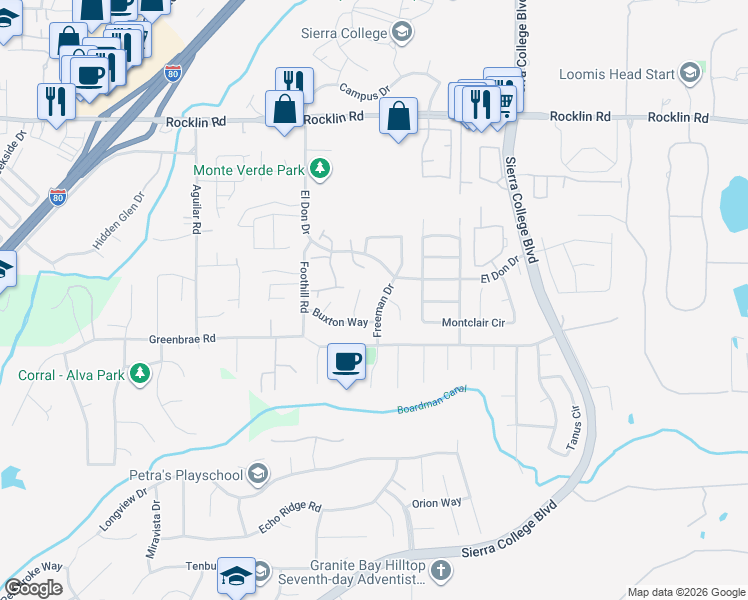 map of restaurants, bars, coffee shops, grocery stores, and more near 5616 Freeman Drive in Rocklin