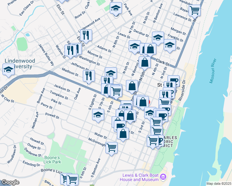 map of restaurants, bars, coffee shops, grocery stores, and more near 220 South 6th Street in Saint Charles