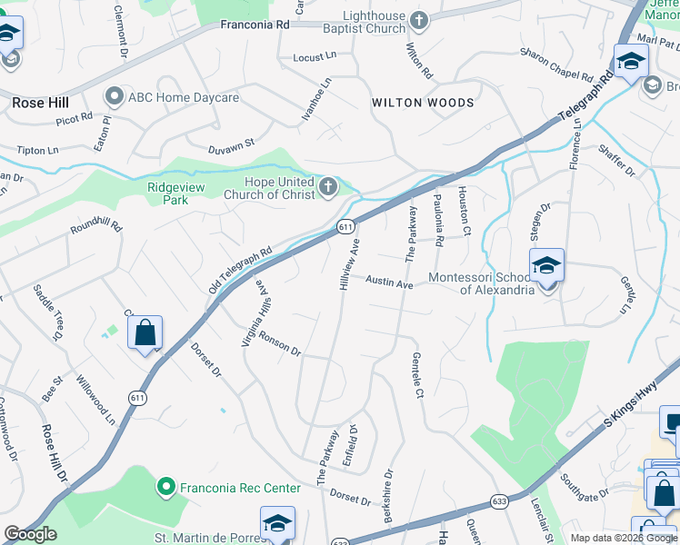 map of restaurants, bars, coffee shops, grocery stores, and more near 6206 Hillview Avenue in Alexandria