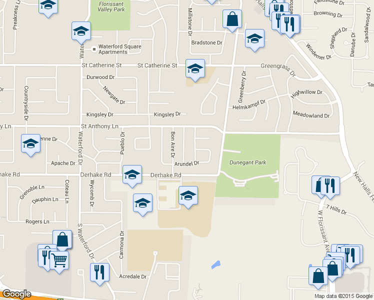 map of restaurants, bars, coffee shops, grocery stores, and more near 140 Birchlawn Drive in Florissant
