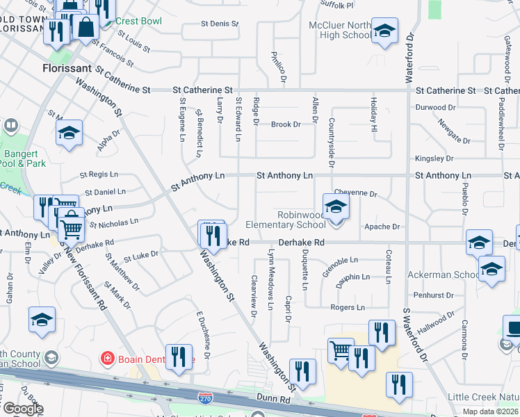 map of restaurants, bars, coffee shops, grocery stores, and more near 90 Taney Drive in Florissant