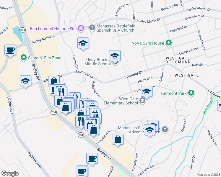 map of restaurants, bars, coffee shops, grocery stores, and more near 10168 Portsmouth Road in Manassas