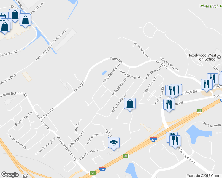 map of restaurants, bars, coffee shops, grocery stores, and more near 1607 Ville Maura Lane in Hazelwood