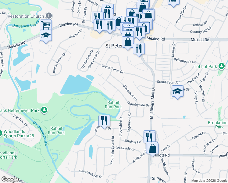 map of restaurants, bars, coffee shops, grocery stores, and more near 1 Mayfield Road in Saint Peters