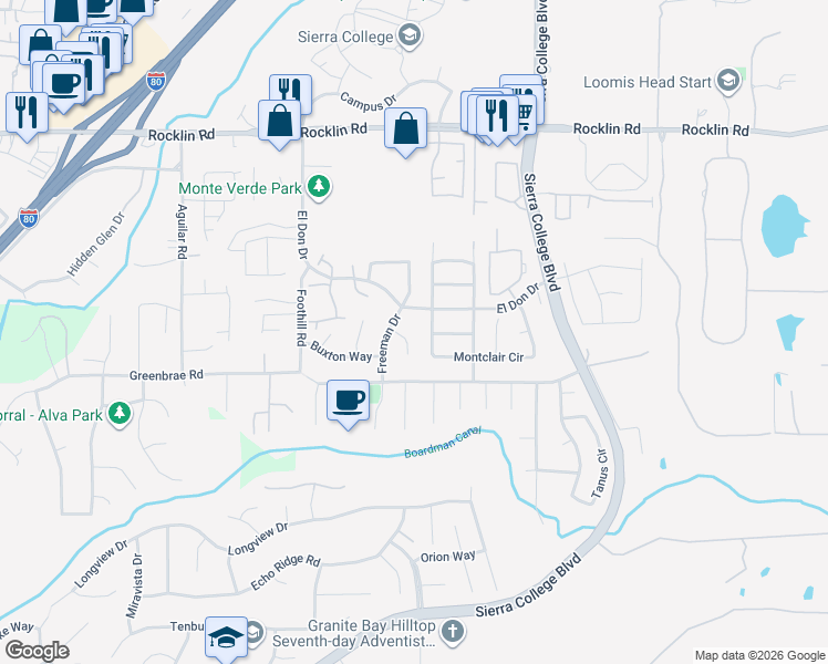 map of restaurants, bars, coffee shops, grocery stores, and more near 4909 Dewey Court in Rocklin