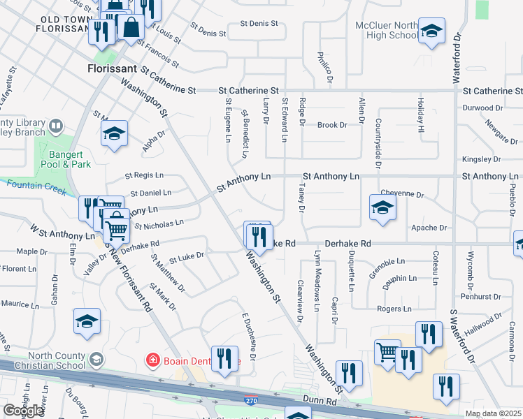 map of restaurants, bars, coffee shops, grocery stores, and more near 355 Saint Eugene Lane in Florissant
