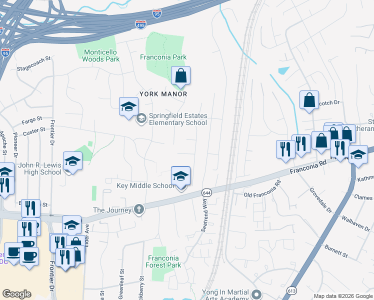 map of restaurants, bars, coffee shops, grocery stores, and more near 6394 True Lane in Springfield
