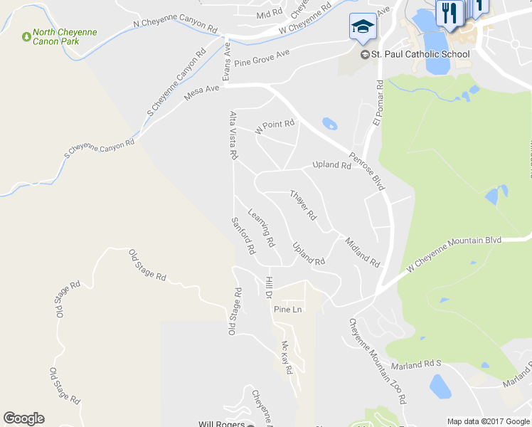 map of restaurants, bars, coffee shops, grocery stores, and more near 17 Leaming Rd in Colorado Springs