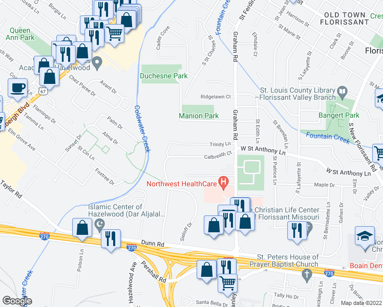 map of restaurants, bars, coffee shops, grocery stores, and more near 175 Calbreath Court in Florissant