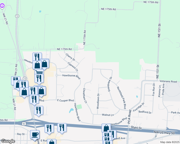 map of restaurants, bars, coffee shops, grocery stores, and more near 1230 Cheatham Court in Warrensburg