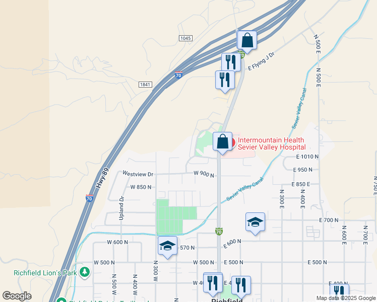 map of restaurants, bars, coffee shops, grocery stores, and more near 1029 North Plaza Drive in Richfield