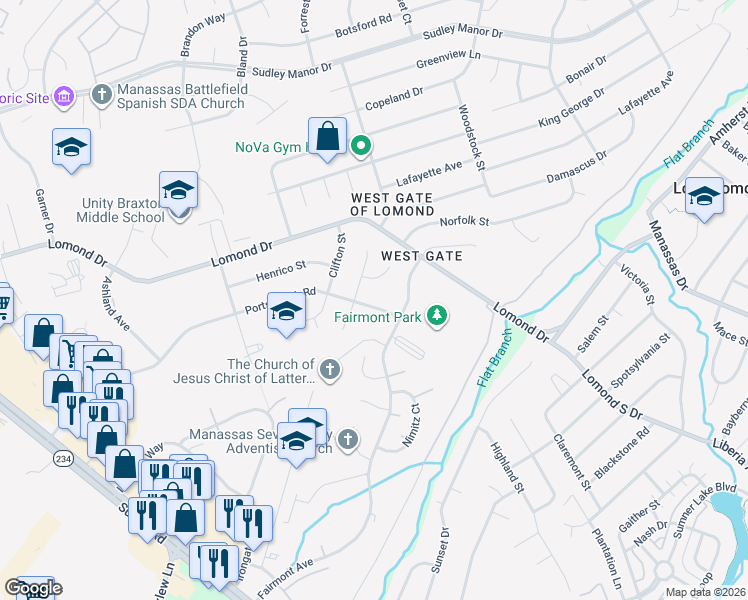 map of restaurants, bars, coffee shops, grocery stores, and more near 9910 Portsmouth Road in Manassas
