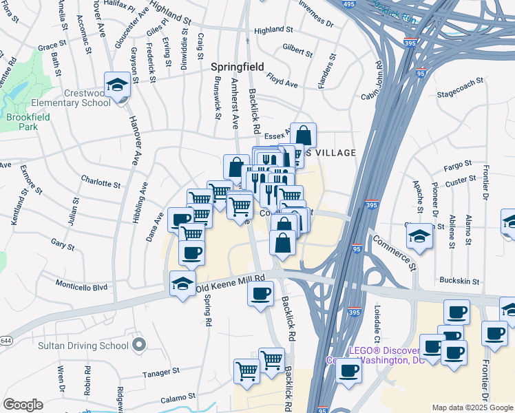 map of restaurants, bars, coffee shops, grocery stores, and more near 6220 Backlick Road in Springfield