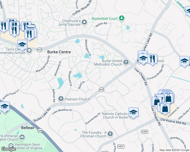 map of restaurants, bars, coffee shops, grocery stores, and more near 9829 Rand Drive in Burke