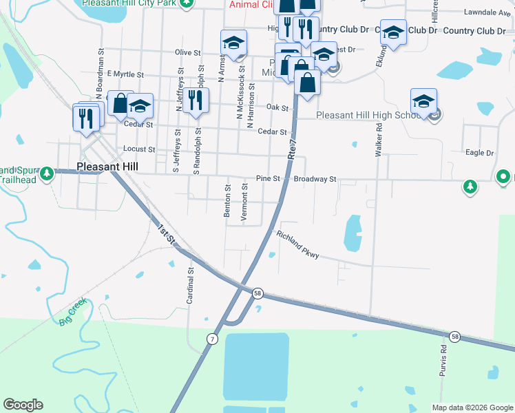 map of restaurants, bars, coffee shops, grocery stores, and more near 401 Cline Street in Pleasant Hill