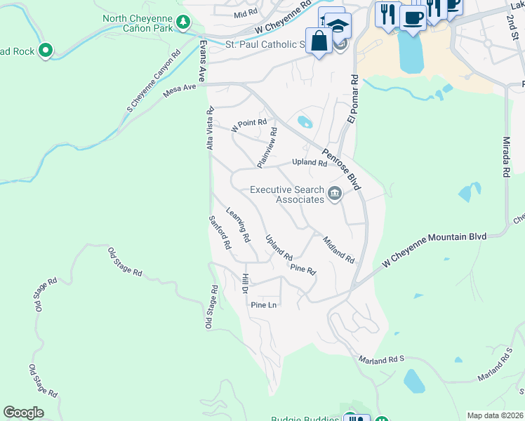 map of restaurants, bars, coffee shops, grocery stores, and more near 19 Upland Road in Colorado Springs