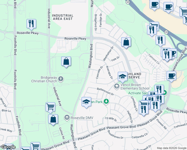 map of restaurants, bars, coffee shops, grocery stores, and more near 35 Camelot Court in Roseville